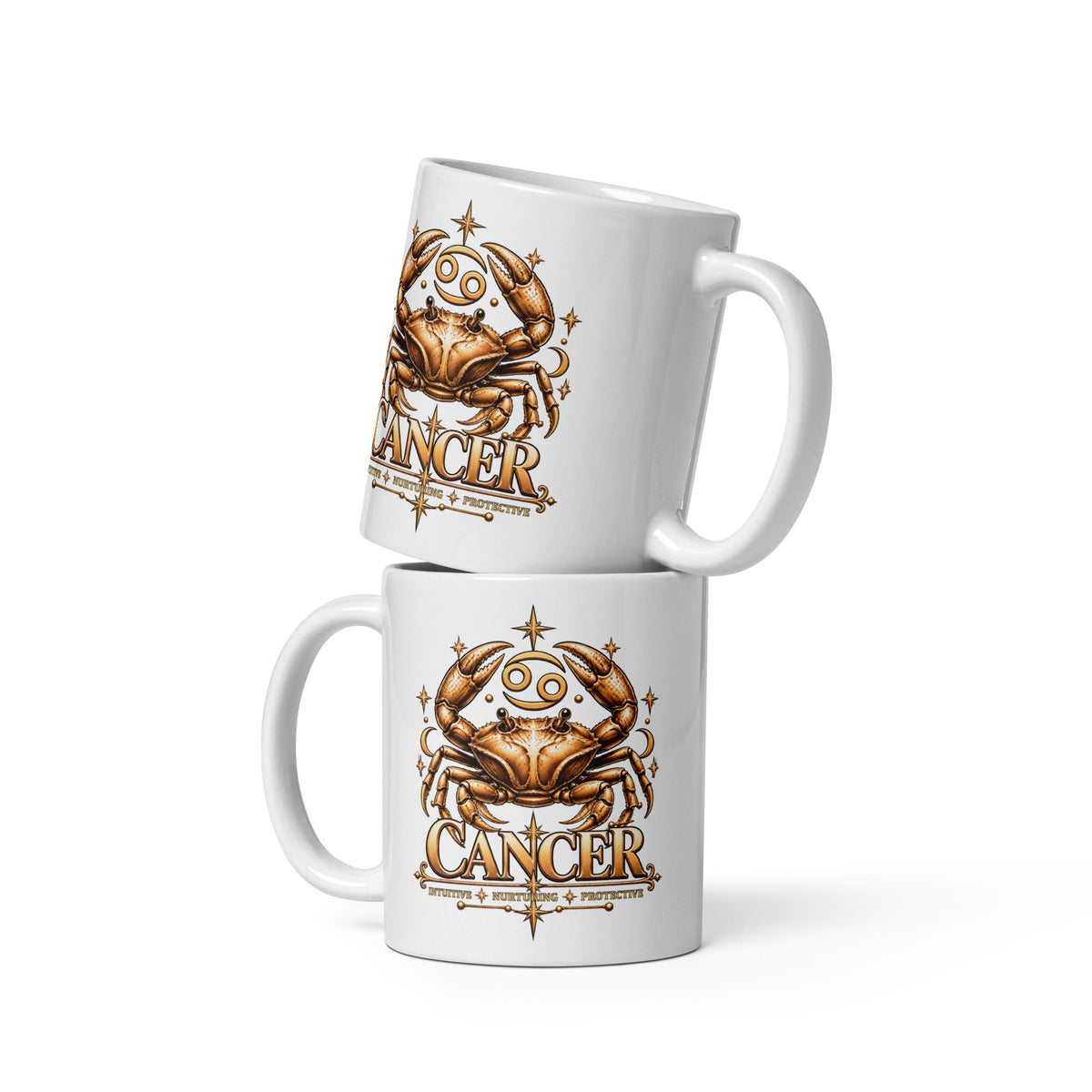 Cancer zodiac mug, 11 oz white glossy, front: a golden crab with claws raised in a night sky of gold stars, with the Cancer glyph, crescent moons and the words Intuitive, Nurturing, Protective