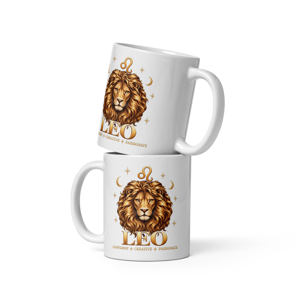 Leo zodiac mug, 11 oz white glossy, front: a golden lion with a full flowing mane in a night sky of gold stars, with the Leo glyph, two crescent moons and the words Confident, Creative, Passionate