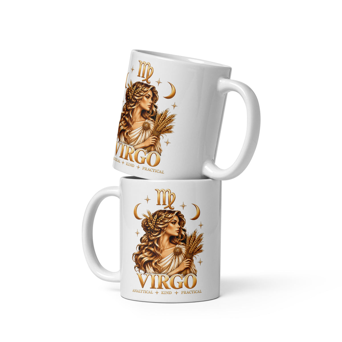 Virgo zodiac mug, 11 oz white glossy, front: a golden maiden with wheat in her hair holding a sheaf of wheat in a night sky of gold stars, with the Virgo glyph, two crescent moons and the words Analytical, Kind, Practical