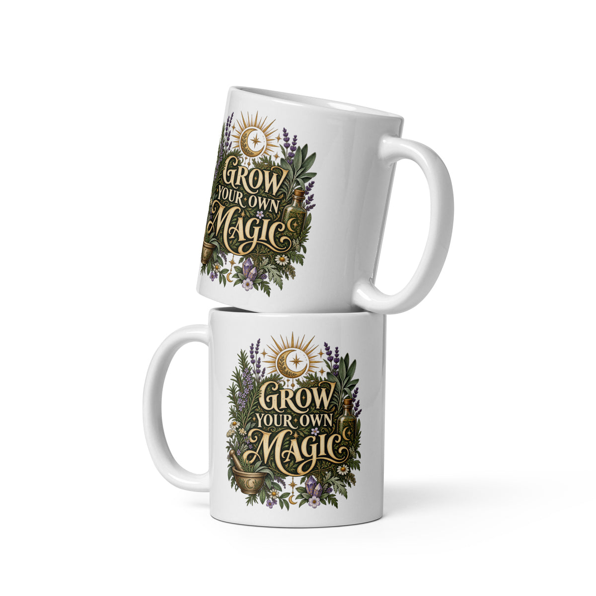 Grow Your Own Magic herbology design, herbs and a golden moon, on an 11 oz white glossy mug, front view