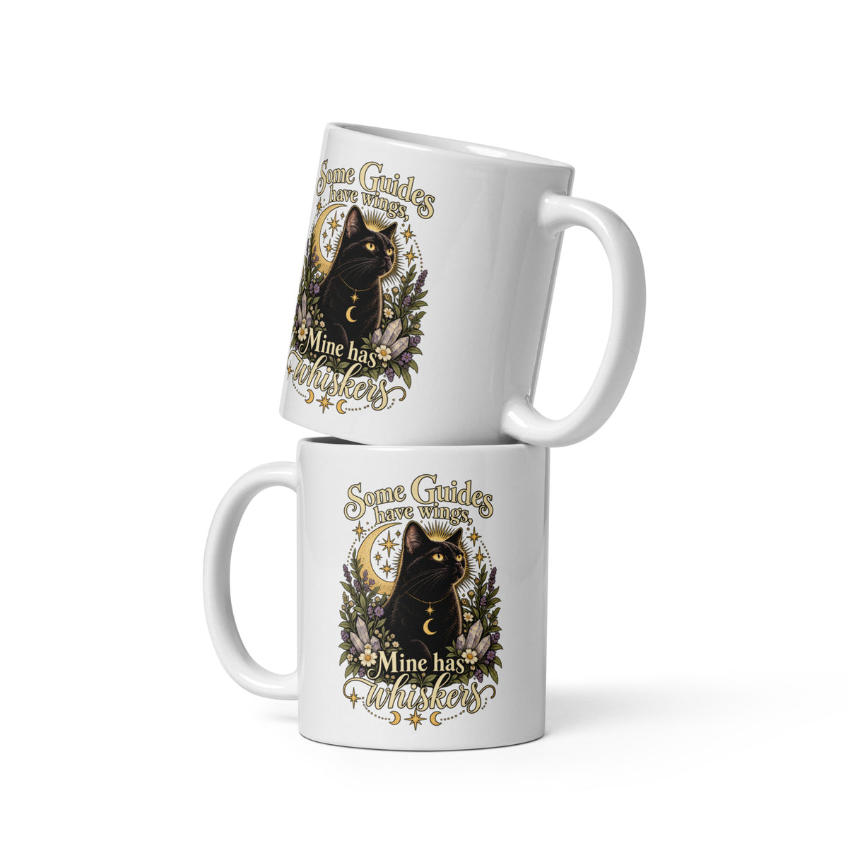 Some Guides Have Wings Mine Has Whiskers design, a black cat under a golden moon with lavender and crystals, on an 11 oz white glossy mug, front view