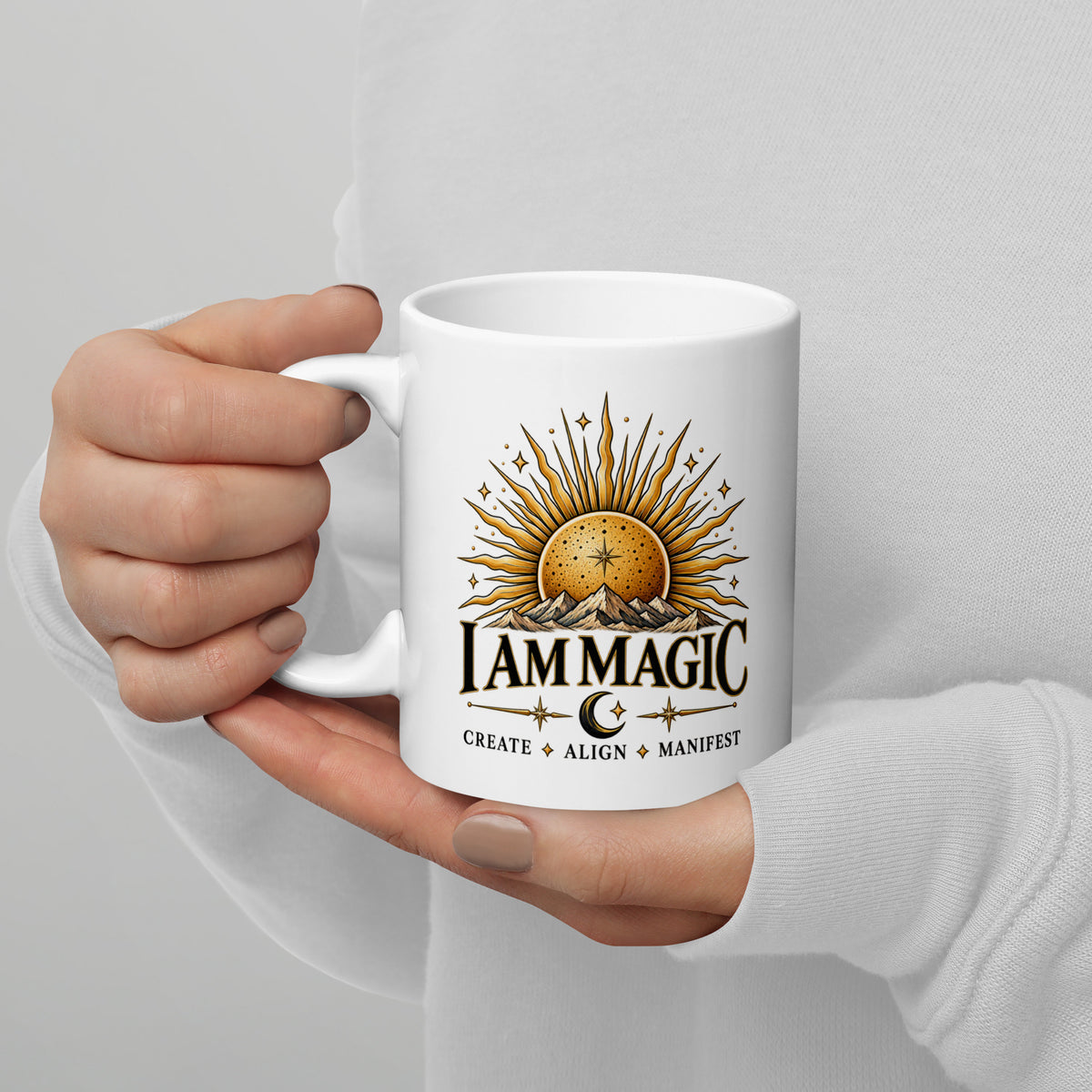 I Am Magic design with a gold sun face, Be Magical collection, on a white glossy mug, 11 oz, handle on the left