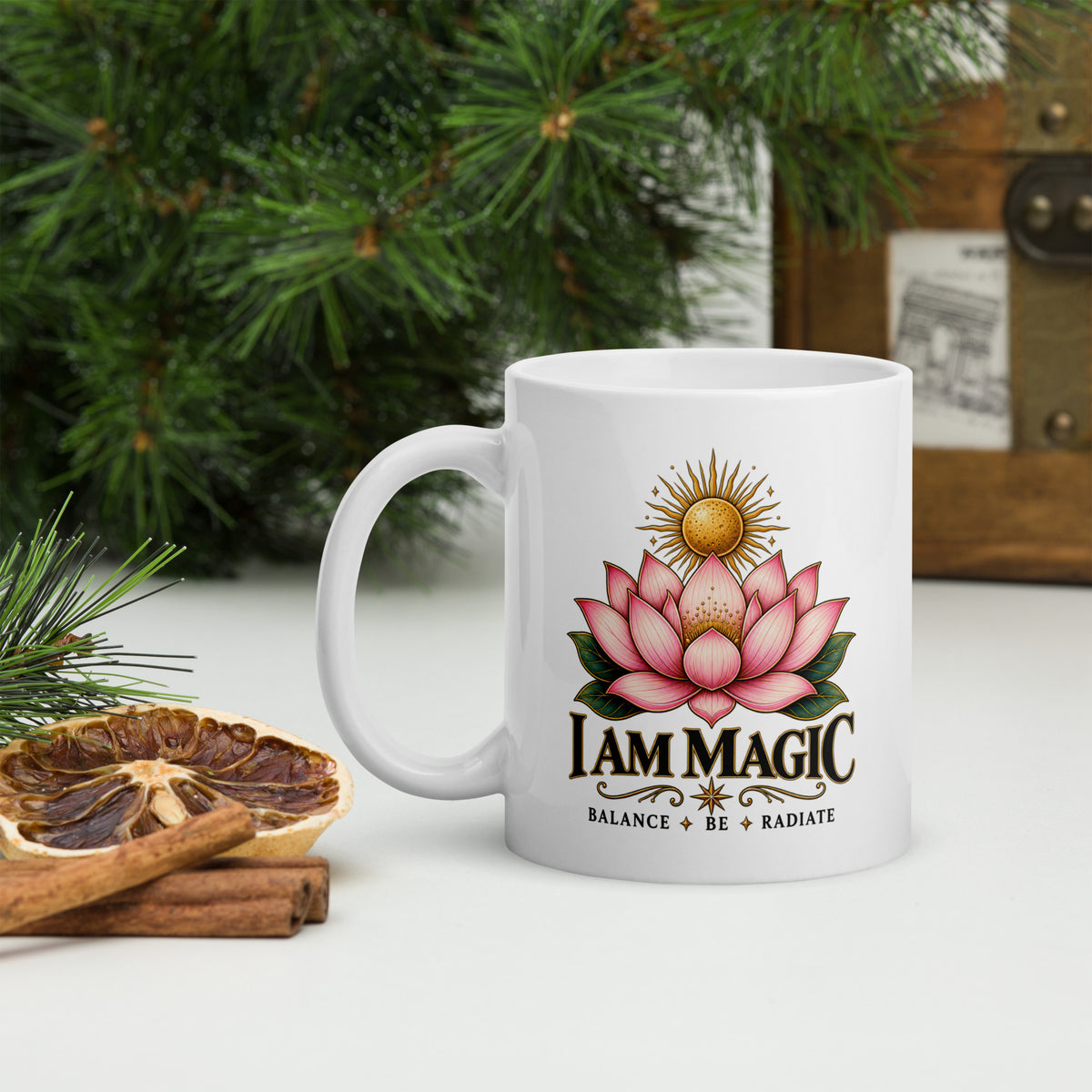 I Am Magic design with a gold lotus, Be Magical collection, on a white glossy mug, 11 oz, handle on the left