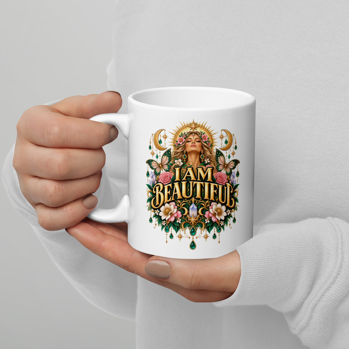 I Am Beautiful affirmation design with roses, butterflies and twin crescents in gold, on a white glossy mug, 11 oz, handle on the left