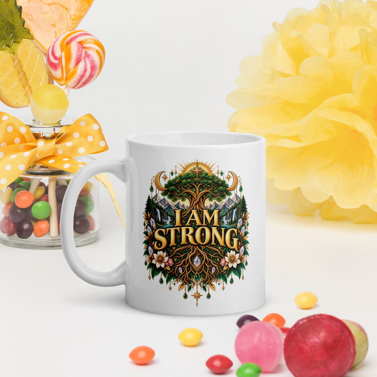 I Am Strong affirmation design, a tree with roots as wide as its canopy, on a white glossy mug, 11 oz, handle on the left