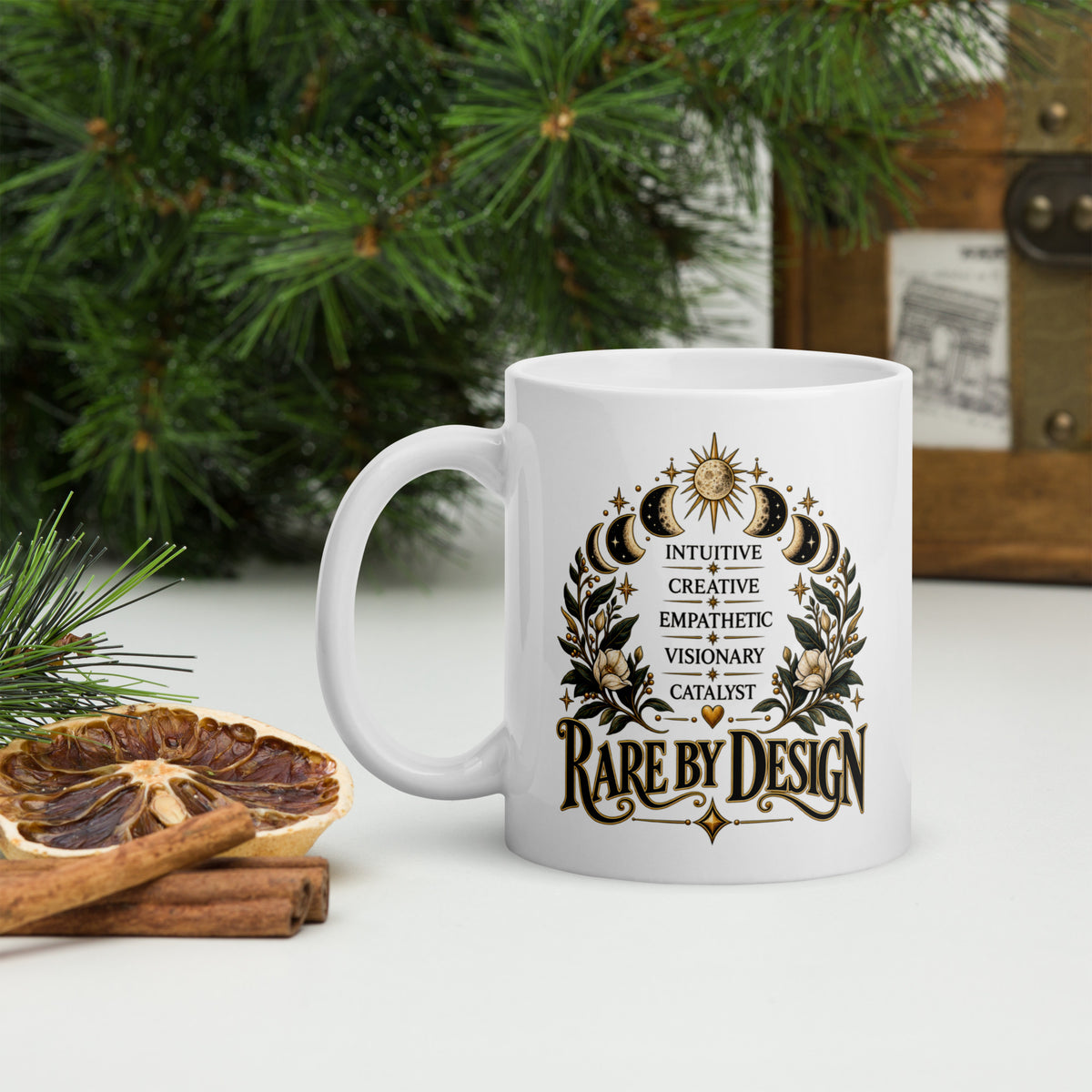 Rare By Design design with the words Intuitive, Creative, Empathic, Visionary, Catalyst, on a white glossy mug, 11 oz, handle on the left