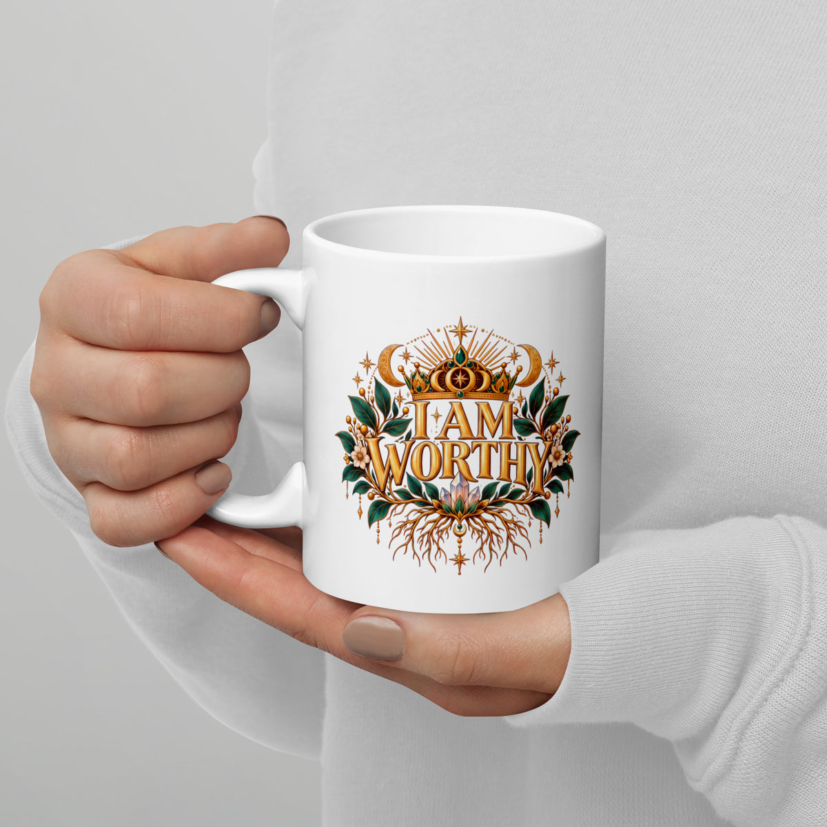I Am Worthy affirmation design, a crown above the words and roots below, on a white glossy mug, 11 oz, handle on the left