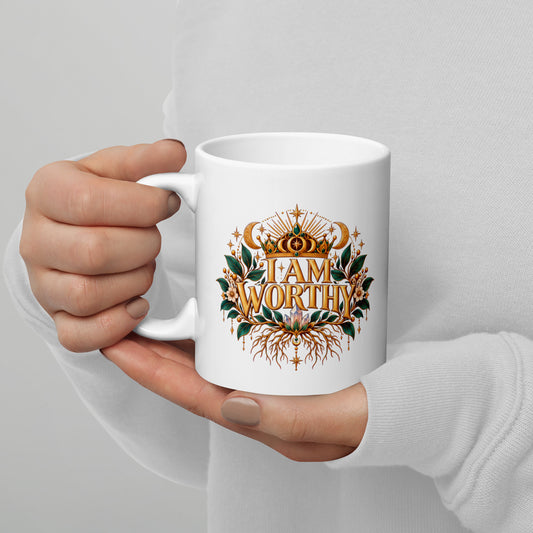 I Am Worthy affirmation design, a crown above the words and roots below, on a white glossy mug, 11 oz, handle on the left