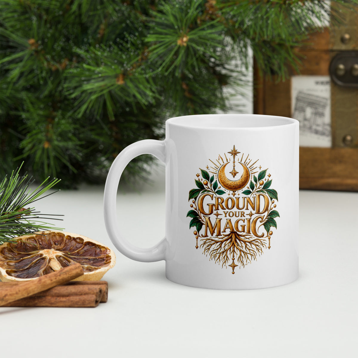 Ground Your Magic design, roots growing from the lettering, on a white glossy mug, 11 oz, handle on the left