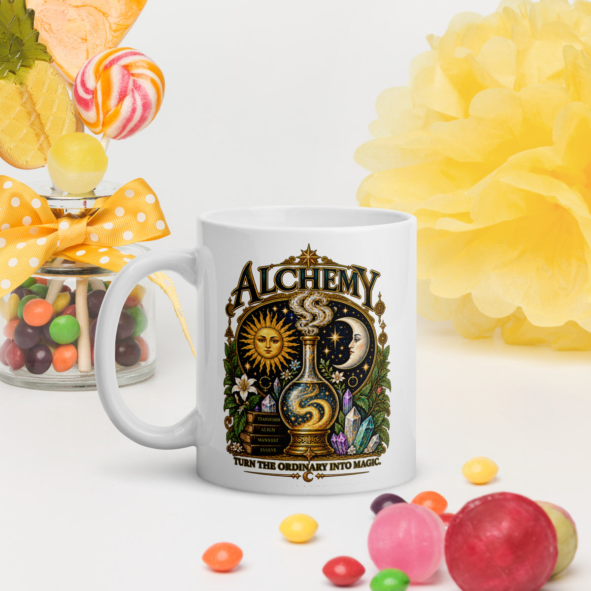 Alchemy, Turn the Ordinary Into Magic design, on a white glossy mug, 11 oz, handle on the left