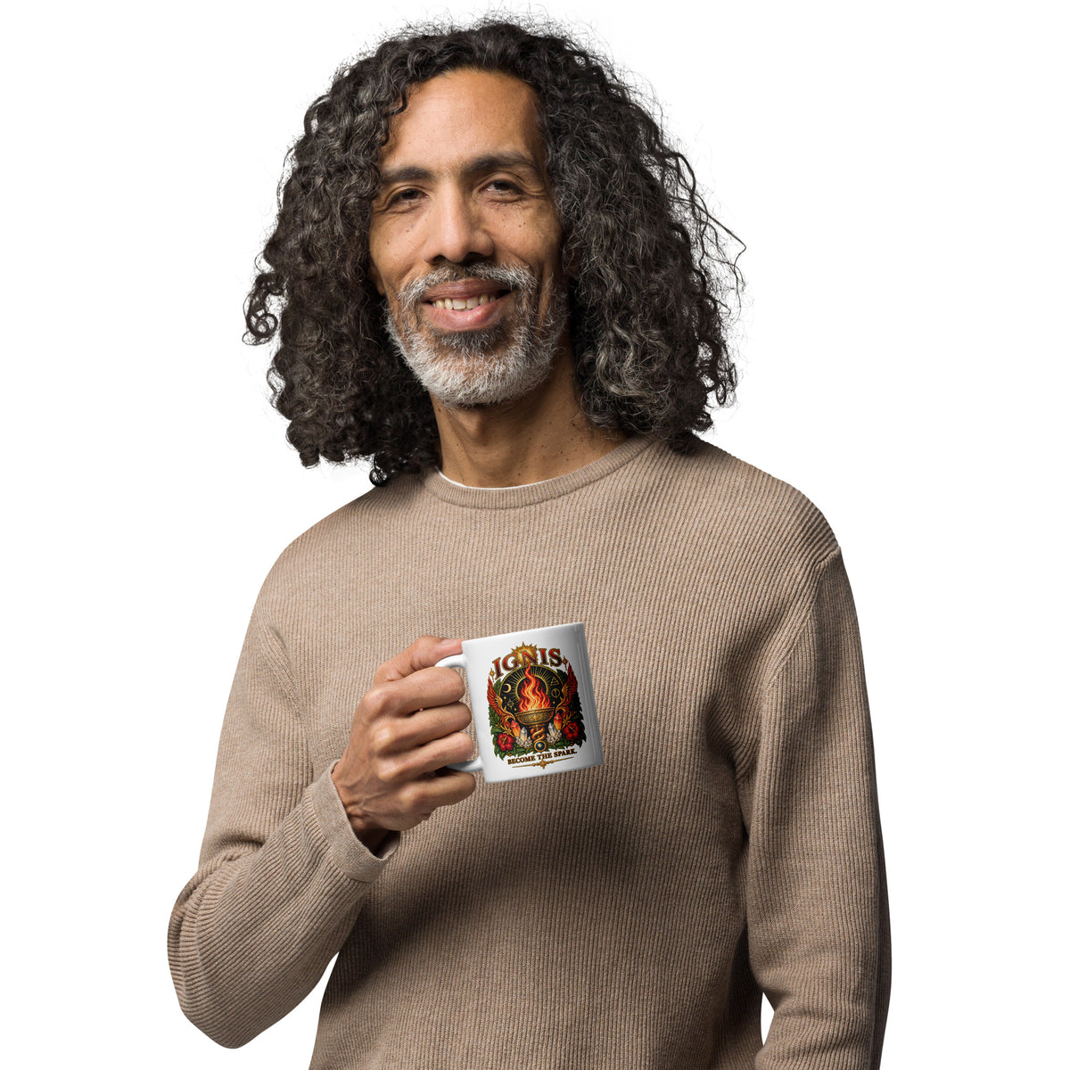 Ignis, Become the Spark design, on a white glossy mug, 11 oz, handle on the left