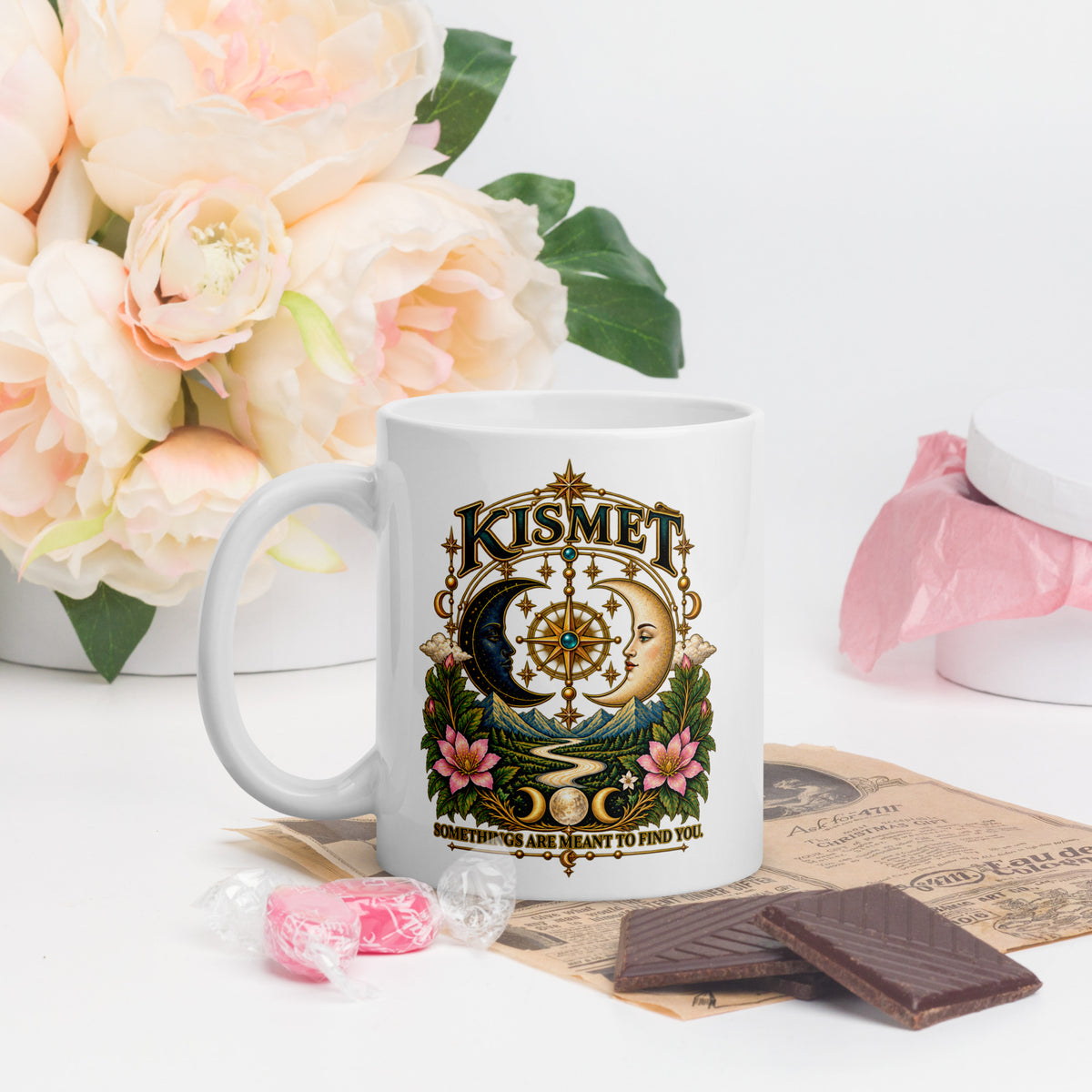 Kismet, Some Things Are Meant To Find You design, on a white glossy mug, 11 oz, handle on the left