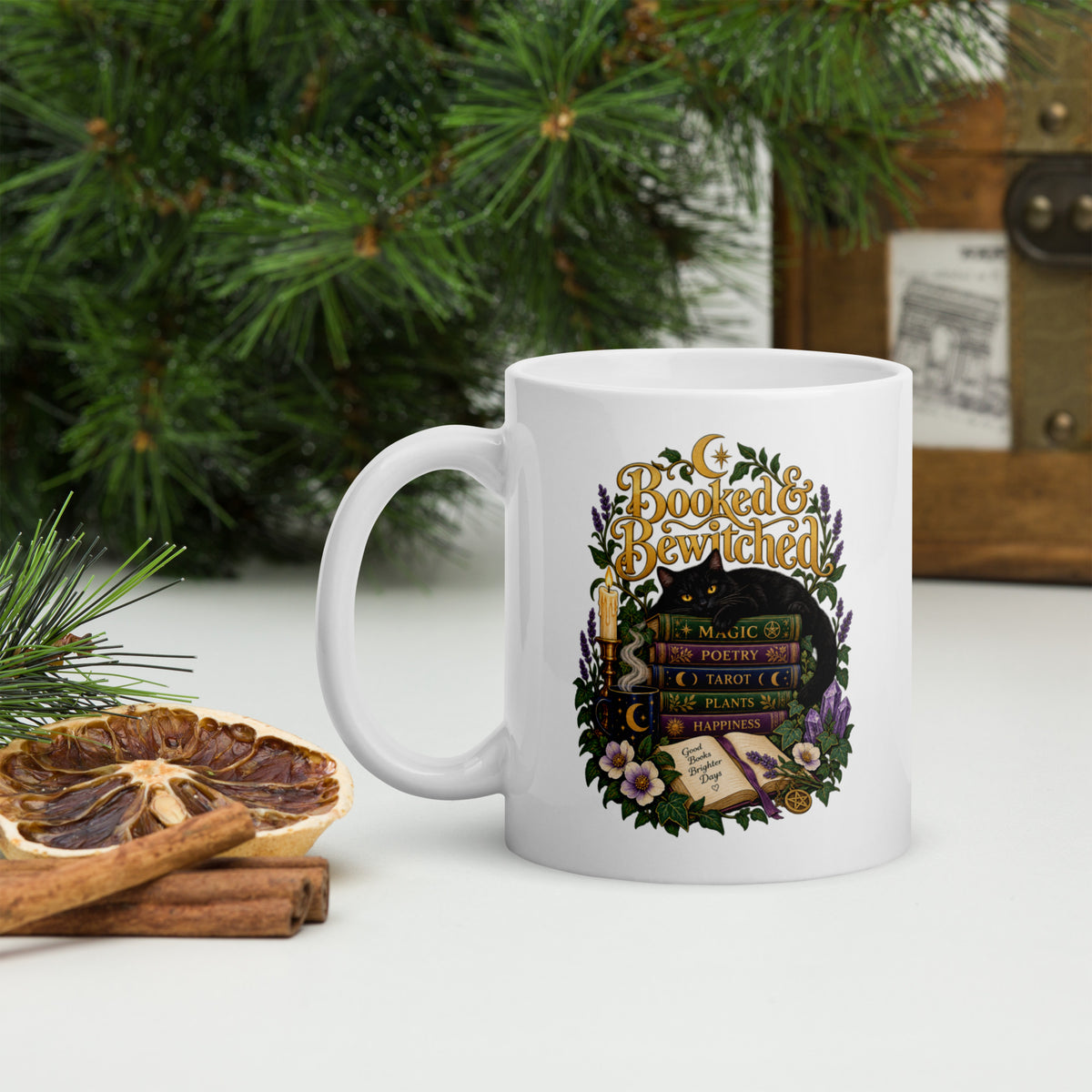 Booked and Bewitched dark academia design, a black cat asleep on a stack of spellbooks, on a white glossy mug, 11 oz, handle on the left