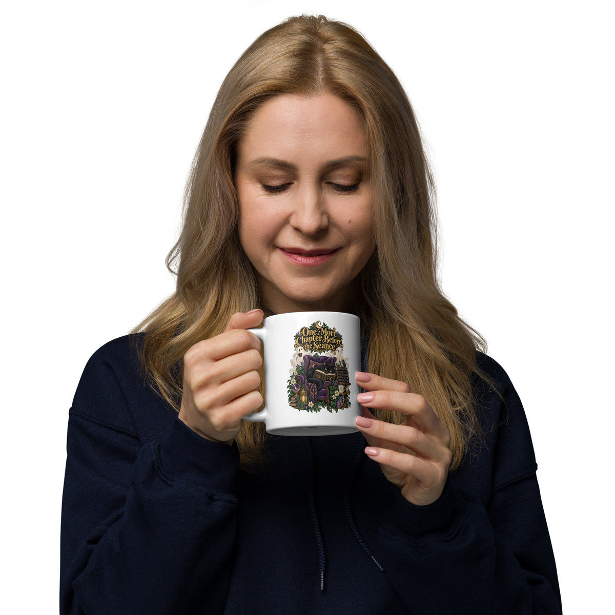 One More Chapter Before The Séance dark academia design, a black cat reading in a velvet armchair with two ghosts, on a white glossy mug, 11 oz, handle on the left