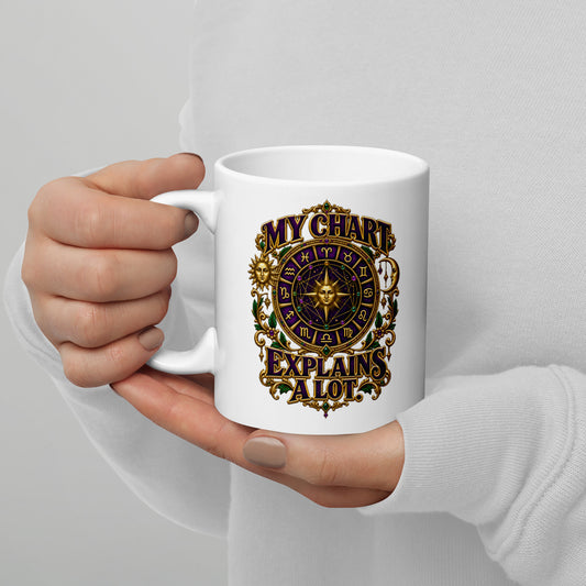 My Chart Explains A Lot astrology design, a purple and gold zodiac wheel with a gold sun face at its center, flanked by a sun and a crescent moon, on a 11 oz white glossy mug, handle on the left