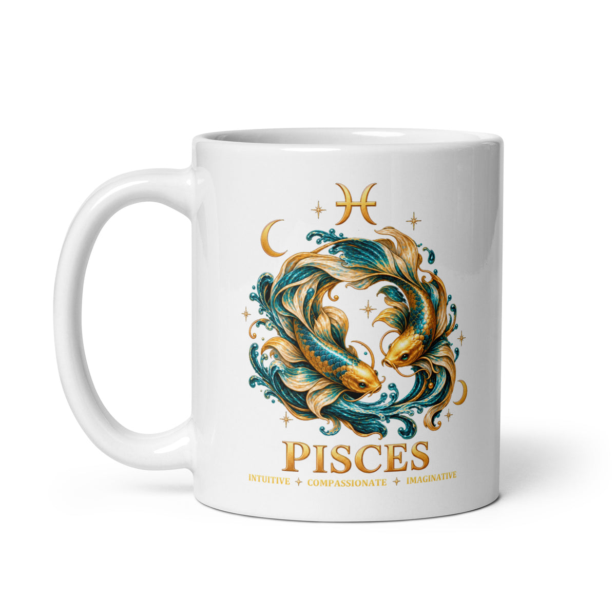 Pisces zodiac mug, 11 oz white glossy, handle on the left