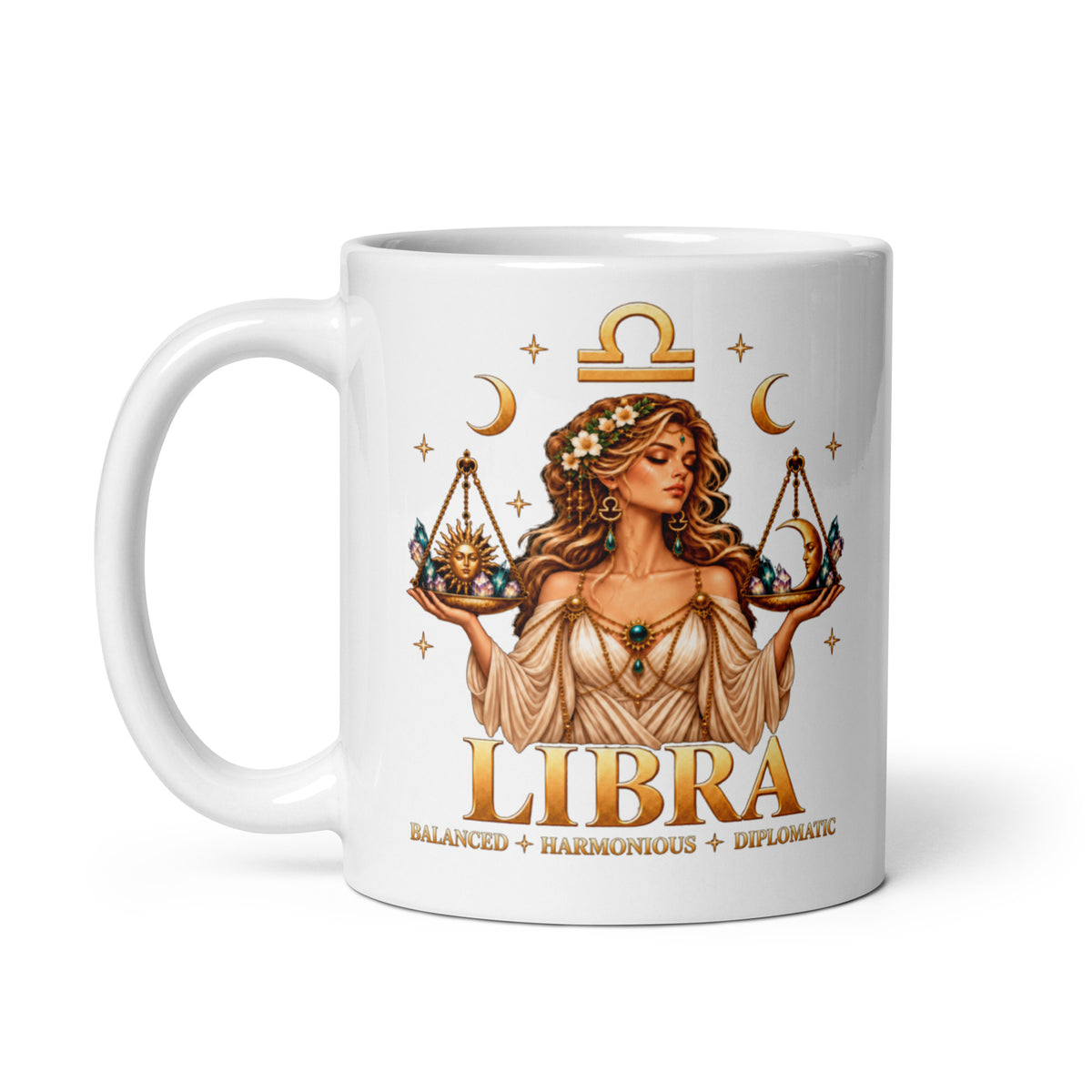 Libra zodiac mug, 11 oz white glossy, handle on the left