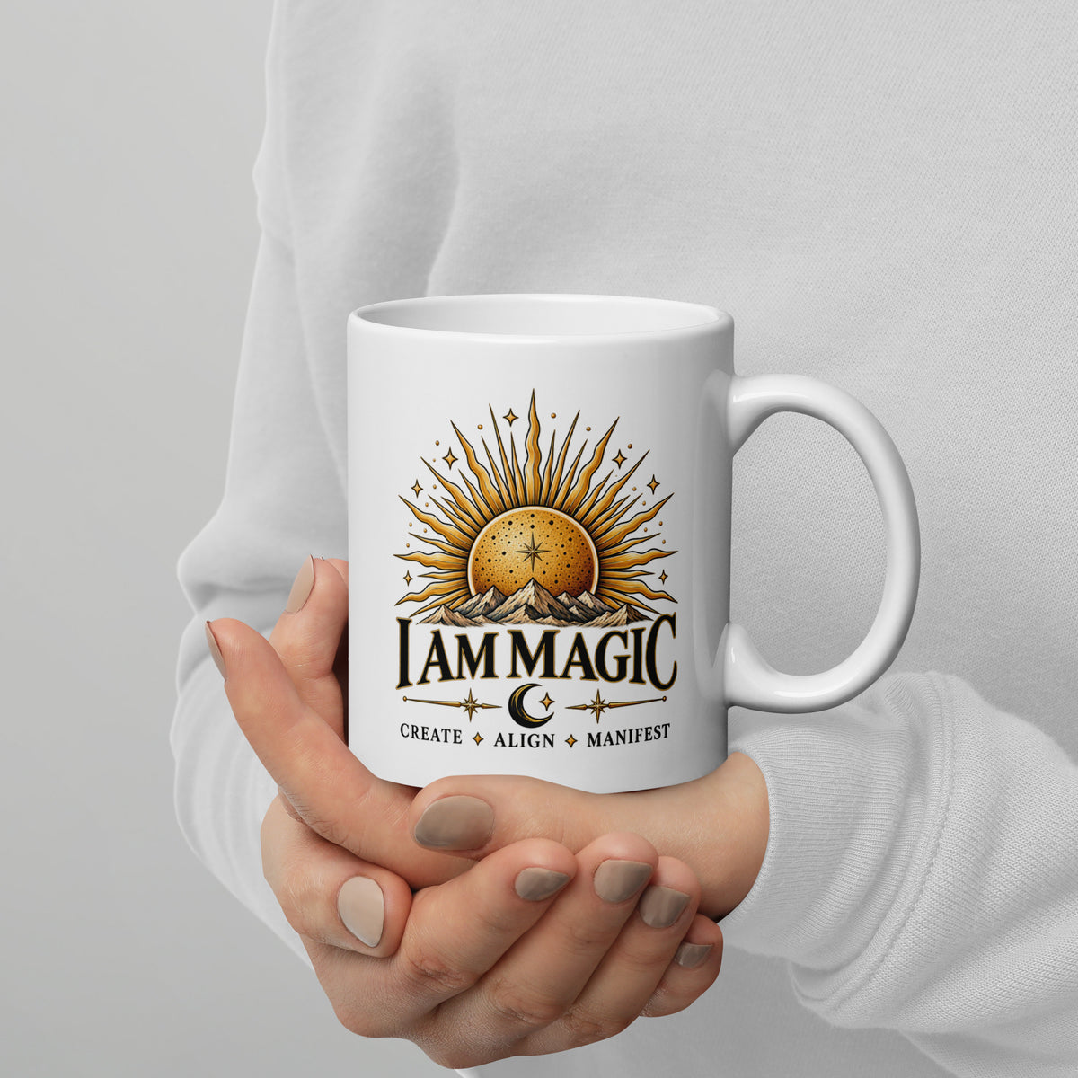 I Am Magic design with a gold sun face, Be Magical collection, on a white glossy mug, 11 oz, handle on the right