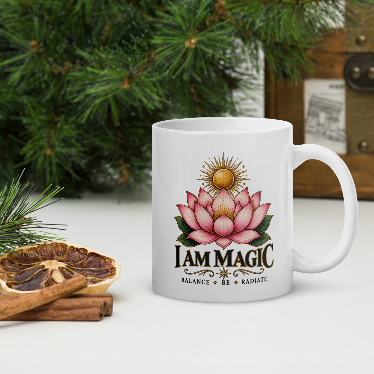 I Am Magic design with a gold lotus, Be Magical collection, on a white glossy mug, 11 oz, handle on the right