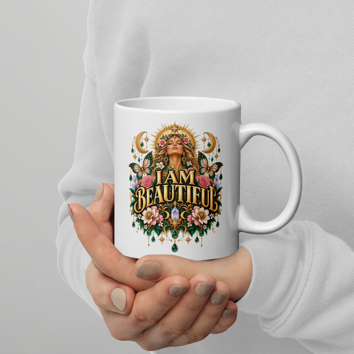 I Am Beautiful affirmation design with roses, butterflies and twin crescents in gold, on a white glossy mug, 11 oz, handle on the right