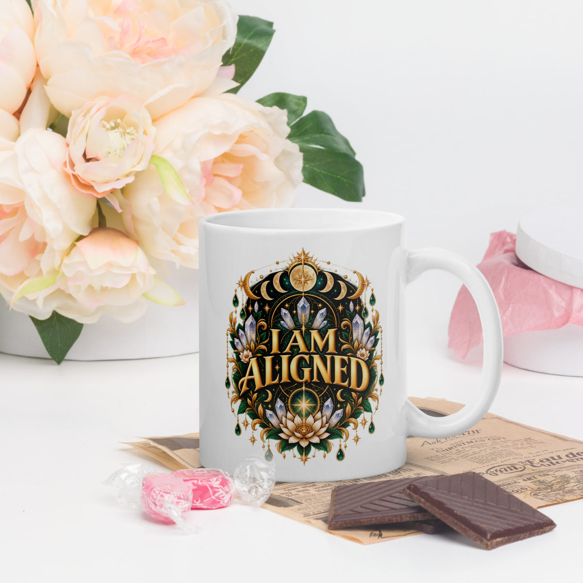 I Am Aligned affirmation design with a lotus, quartz and moon phases in gold, on a white glossy mug, 11 oz, handle on the right