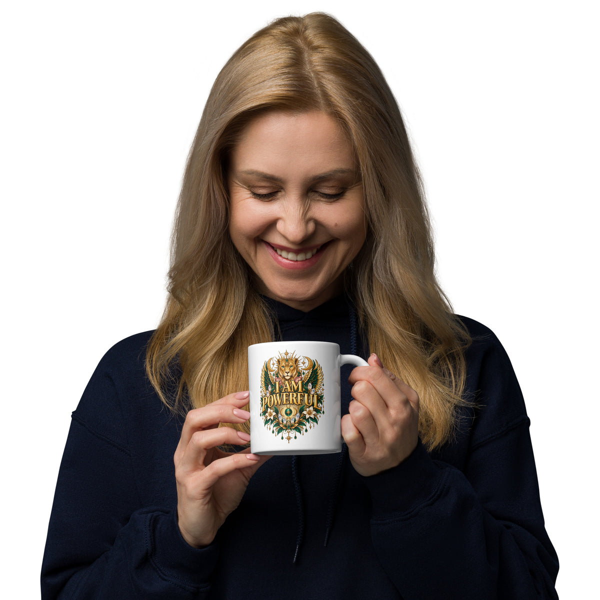 I Am Powerful affirmation design, a crowned winged lioness, on a white glossy mug, 11 oz, handle on the right