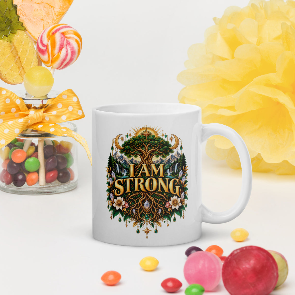 I Am Strong affirmation design, a tree with roots as wide as its canopy, on a white glossy mug, 11 oz, handle on the right