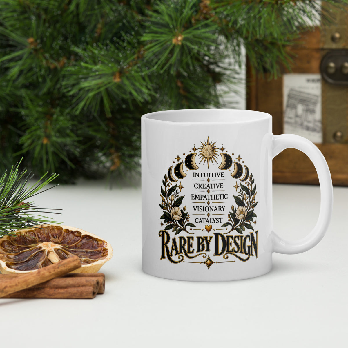 Rare By Design design with the words Intuitive, Creative, Empathic, Visionary, Catalyst, on a white glossy mug, 11 oz, handle on the right