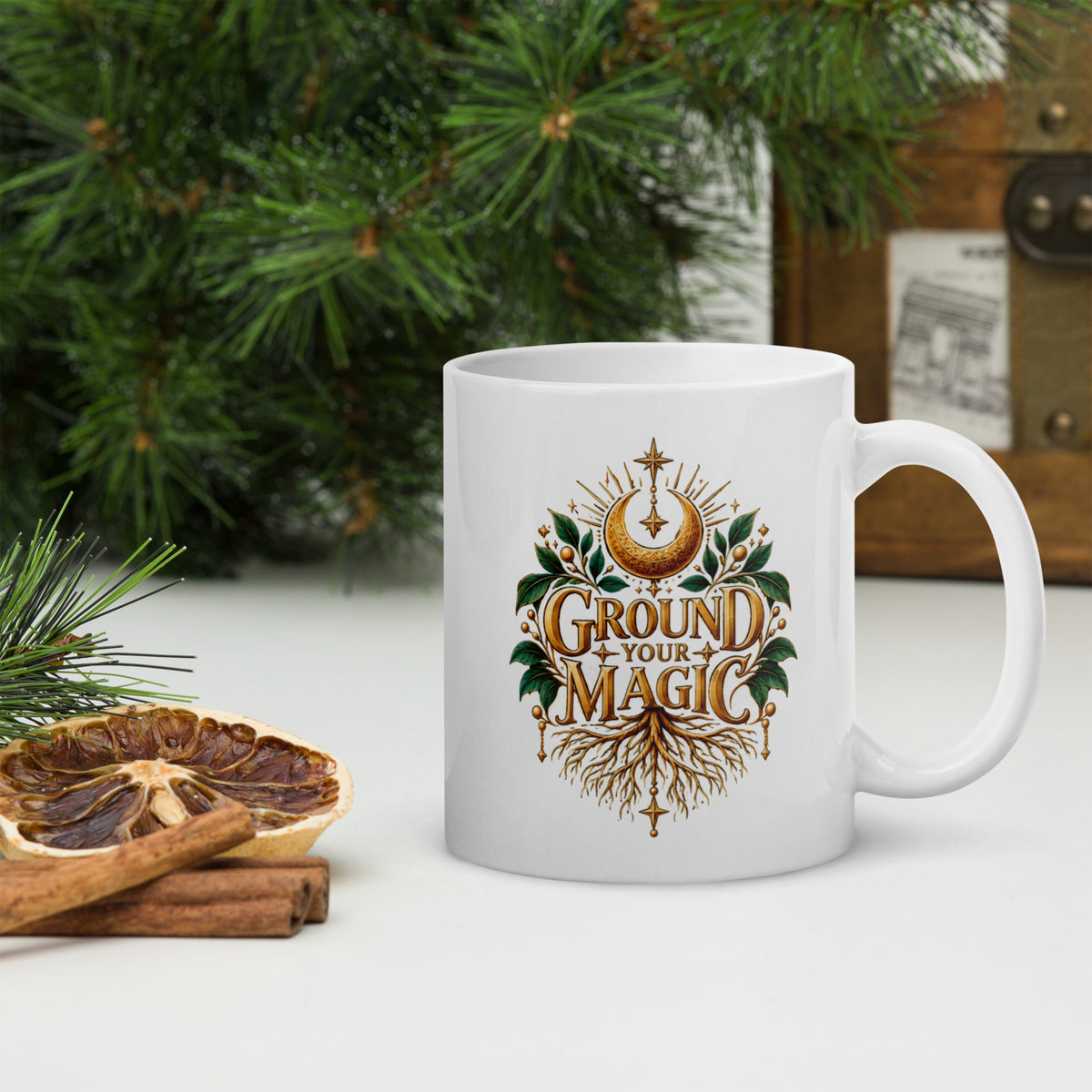 Ground Your Magic design, roots growing from the lettering, on a white glossy mug, 11 oz, handle on the right