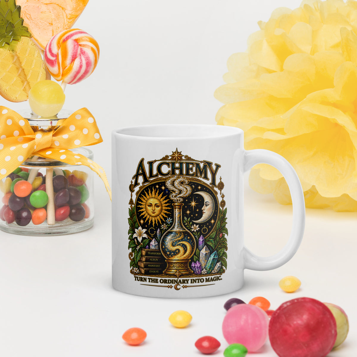Alchemy, Turn the Ordinary Into Magic design, on a white glossy mug, 11 oz, handle on the right