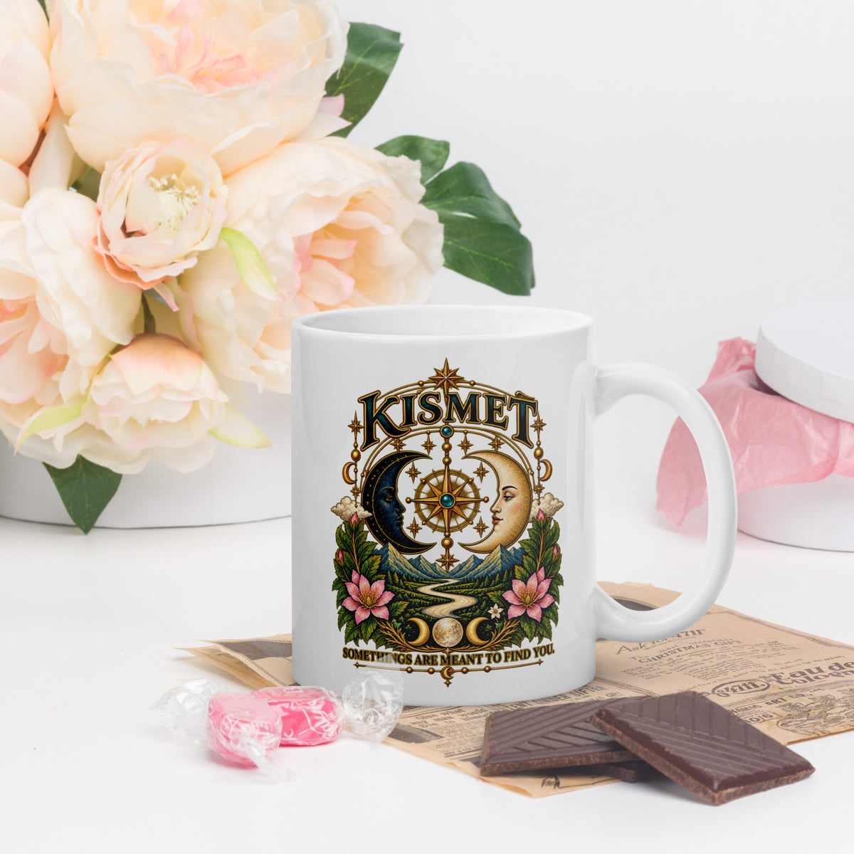 Kismet, Some Things Are Meant To Find You design, on a white glossy mug, 11 oz, handle on the right