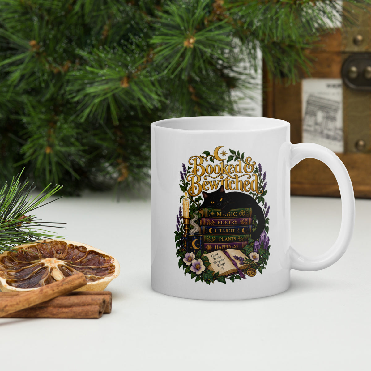 Booked and Bewitched dark academia design, a black cat asleep on a stack of spellbooks, on a white glossy mug, 11 oz, handle on the right