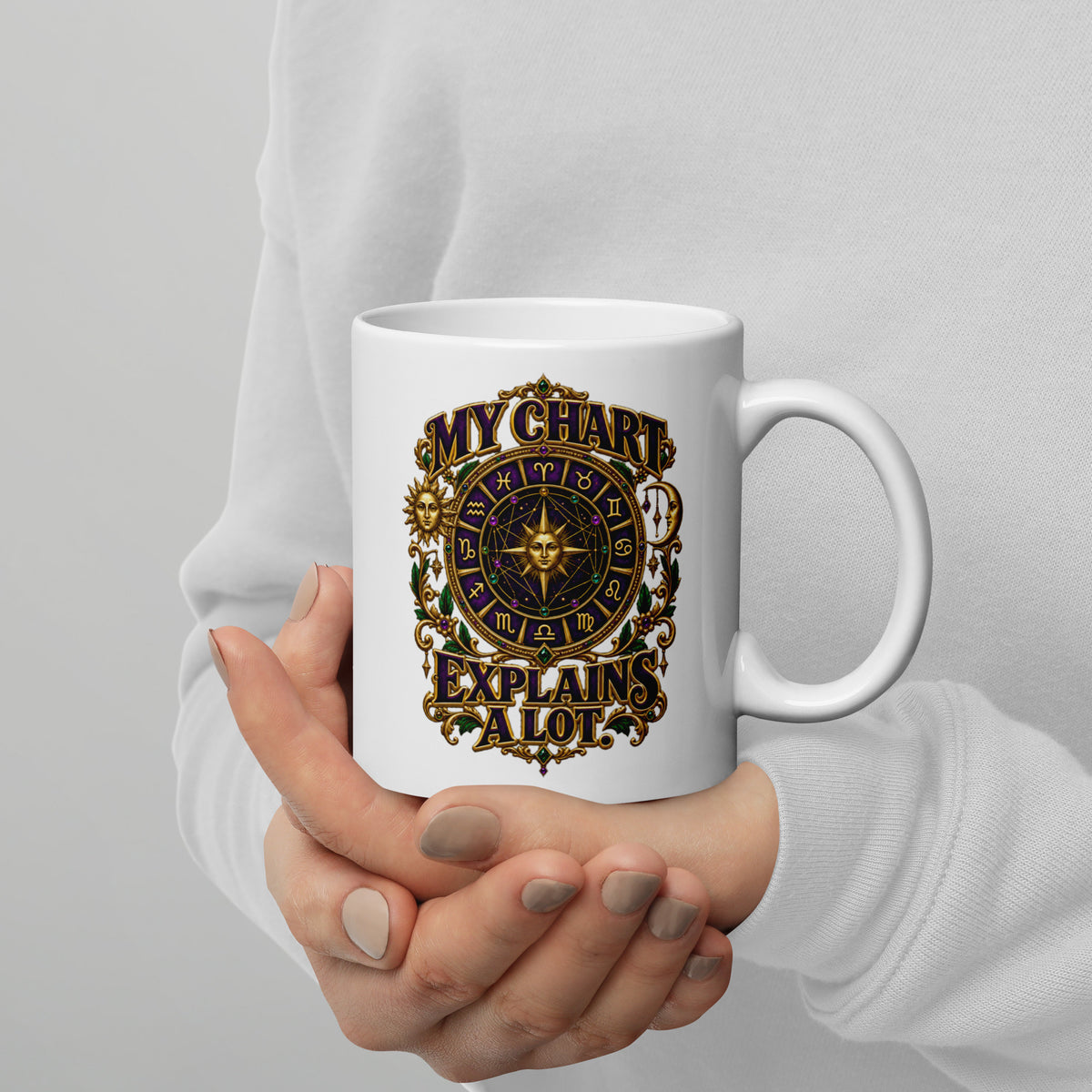My Chart Explains A Lot astrology design, a purple and gold zodiac wheel with a gold sun face at its center, flanked by a sun and a crescent moon, on a 11 oz white glossy mug, handle on the right