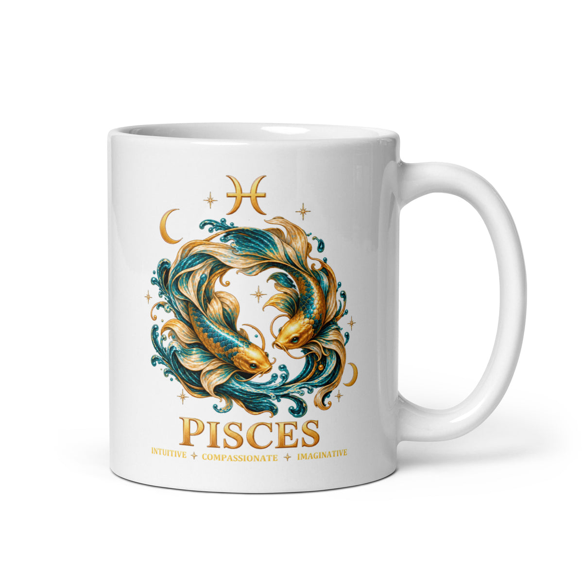 Pisces zodiac mug, 11 oz white glossy, handle on the right