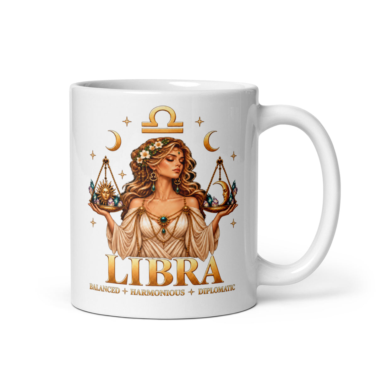Libra zodiac mug, 11 oz white glossy, handle on the right