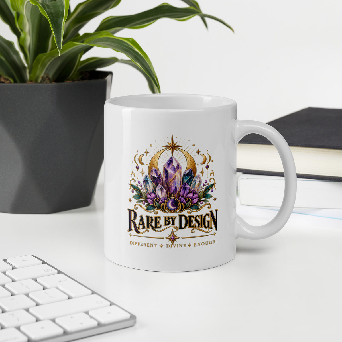 Rare by Design Crystals design, an amethyst cluster, on a white glossy mug, 11 oz, on an office desk