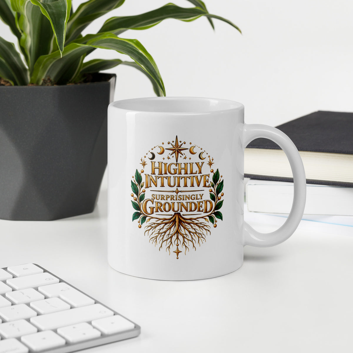 Highly Intuitive, Surprisingly Grounded design, moon phases above and roots below, on a white glossy mug, 11 oz, on an office desk