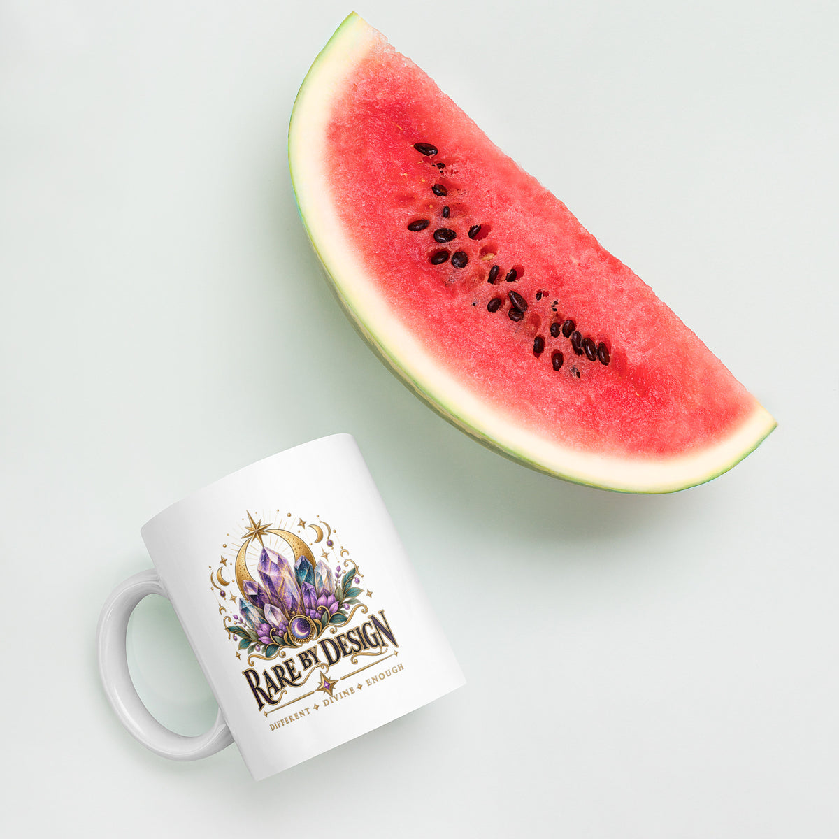 Rare by Design Crystals design, an amethyst cluster, on a white glossy mug, 11 oz, styled with watermelon