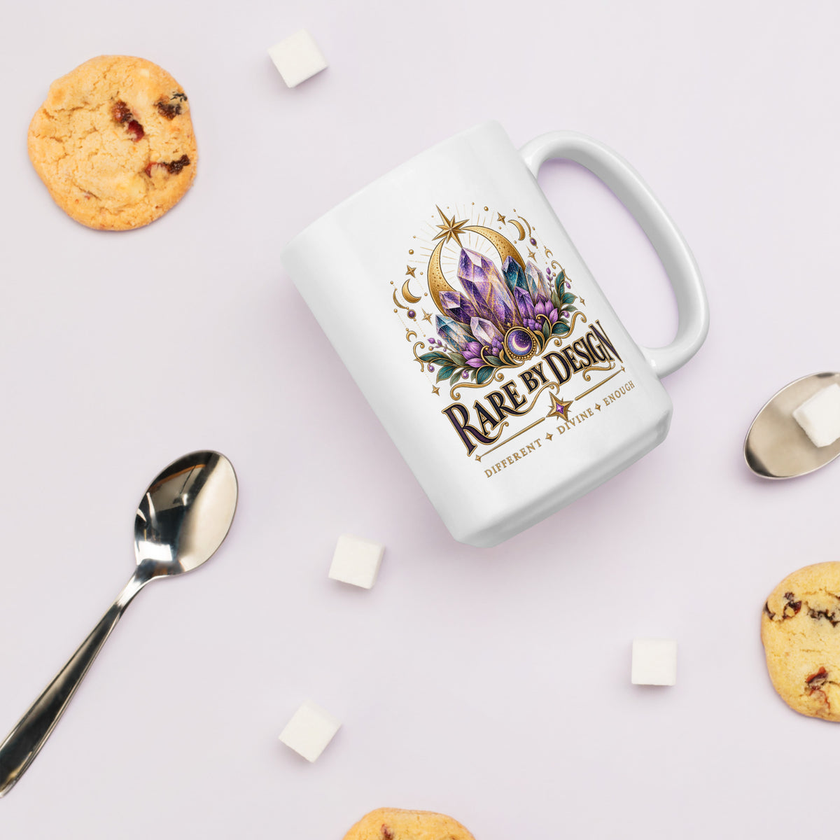 Rare by Design Crystals design, an amethyst cluster, on a white glossy mug, 15 oz, styled with cookies