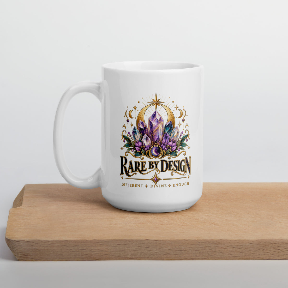 Rare by Design Crystals design, an amethyst cluster, on a white glossy mug, 15 oz, set on a wooden cutting board