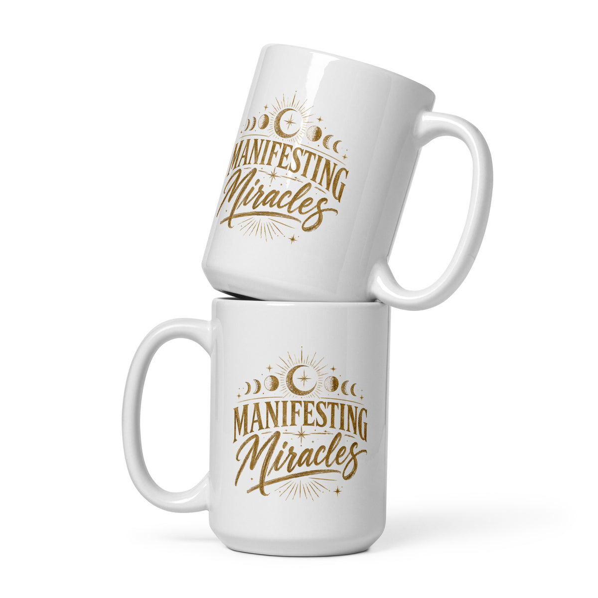 Manifesting Miracles design with moon phases in antique gold, on a white glossy mug, 15 oz, front view