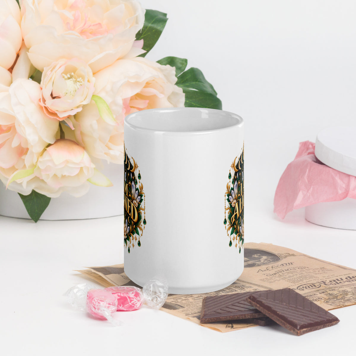 I Am Aligned affirmation design with a lotus, quartz and moon phases in gold, on a white glossy mug, 15 oz, front view