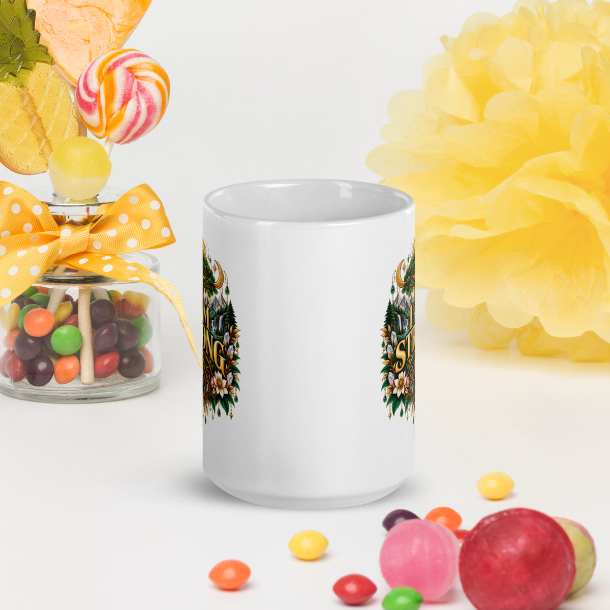 I Am Strong affirmation design, a tree with roots as wide as its canopy, on a white glossy mug, 15 oz, front view