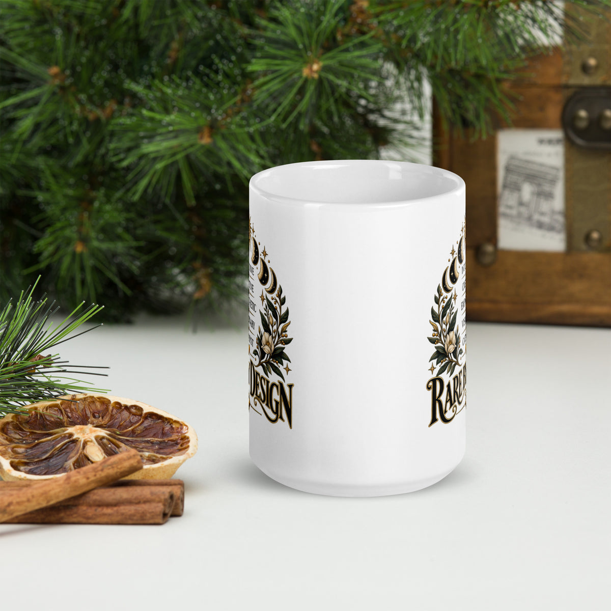 Rare By Design design with the words Intuitive, Creative, Empathic, Visionary, Catalyst, on a white glossy mug, 15 oz, front view