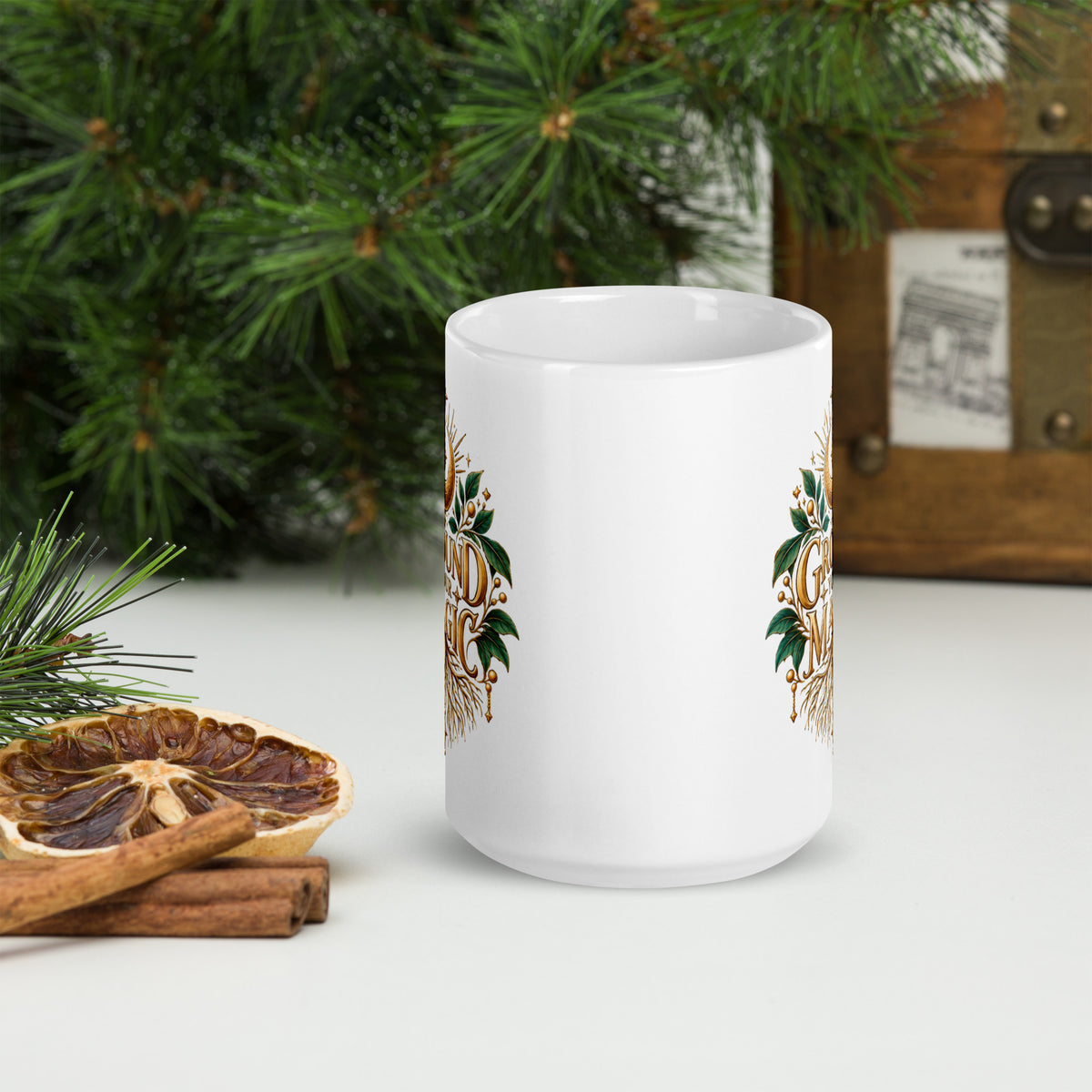 Ground Your Magic design, roots growing from the lettering, on a white glossy mug, 15 oz, front view