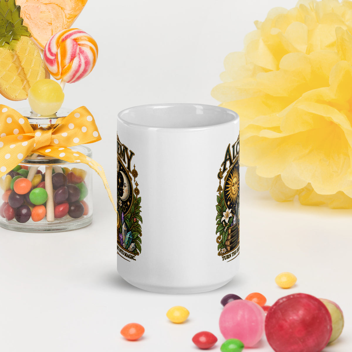 Alchemy, Turn the Ordinary Into Magic design, on a white glossy mug, 15 oz, front view