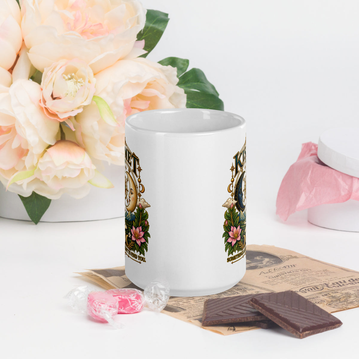 Kismet, Some Things Are Meant To Find You design, on a white glossy mug, 15 oz, front view
