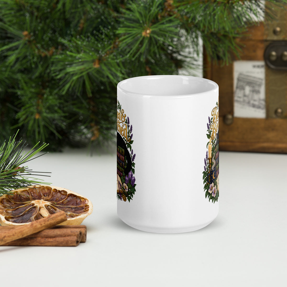 Booked and Bewitched dark academia design, a black cat asleep on a stack of spellbooks, on a white glossy mug, 15 oz, front view