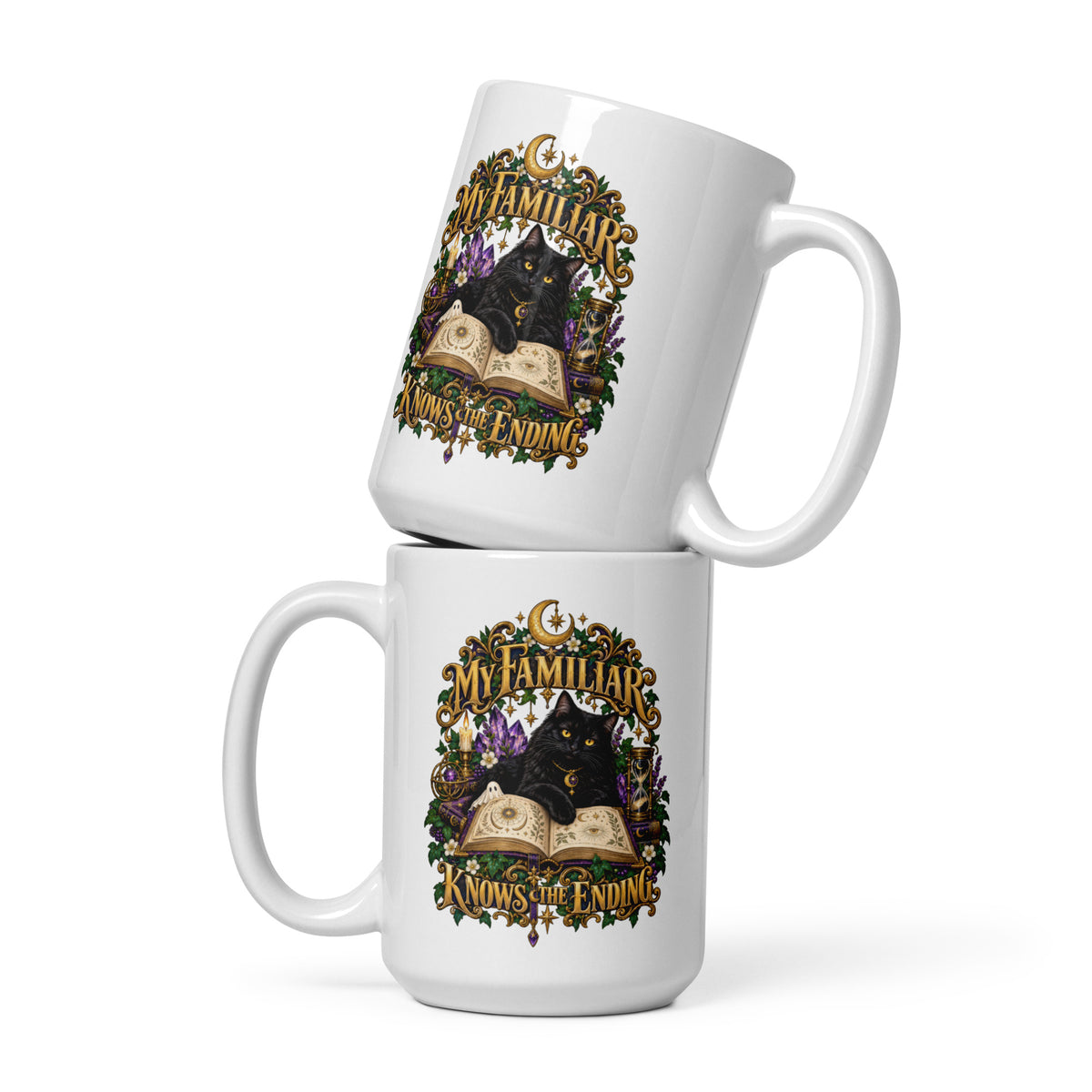 Black cat familiar on a grimoire, witchy celestial design on a white glossy 15 oz mug