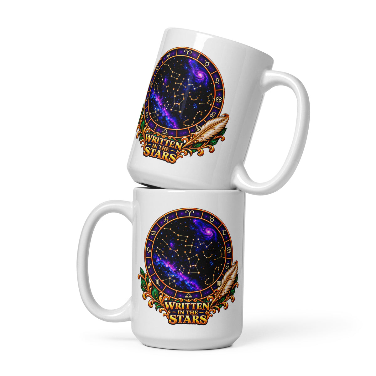 Written In The Stars astrology design, a zodiac wheel of constellations and a galaxy framed by gold scrollwork and a feather quill, on a 15 oz white glossy mug, front view